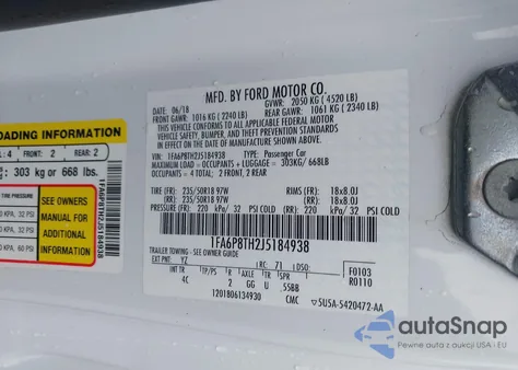 2018 Ford Mustang Ecoboost z USA, uszkodzony, nr VIN 1FA6P8TH2J5184938